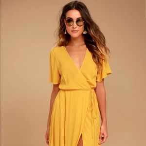 Lulu's Much Obliged Golden Yellow Wrap Maxi Dress
